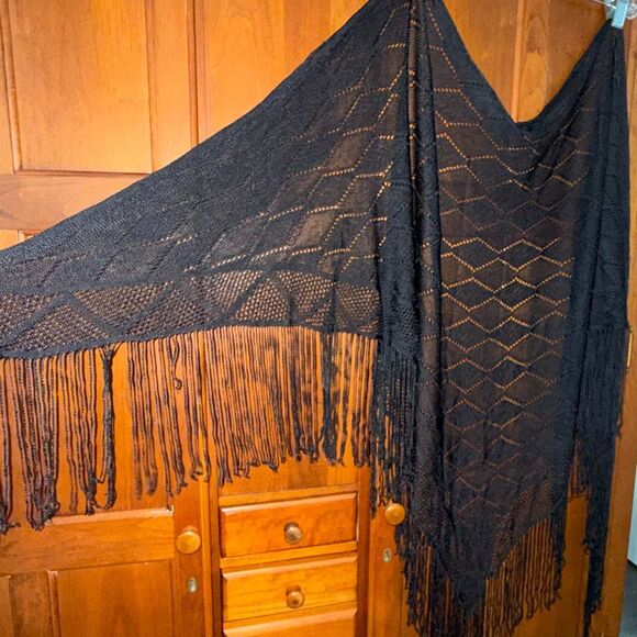 Black Fringe Knit Shawl Wrap | Boho Triangle Scarf | 82x35 + 7” Fringe - Picture 2 of 12